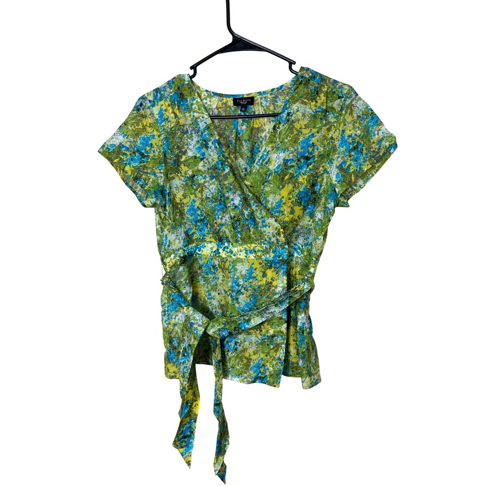 Talbots Petites Y2K Floral Print Wrap Blouse Short Sleeve Size 8P Women's‎ Top
